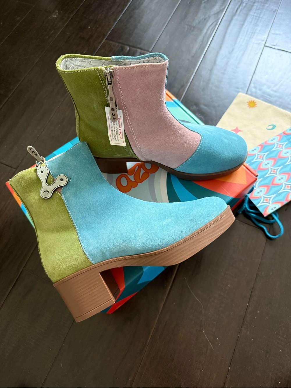 Colorblock Suede Ankle Boots - Blue, Pink & Green